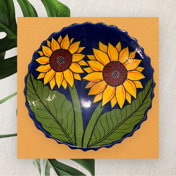 VTG Set of 2 Colorful Mexican Talavera Pottery Sunflower Footed Bowl Glazed - Picture 3 of 5